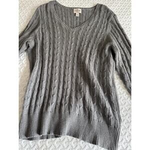 St. John’s Bay Cable Knit V-Neck Sweater Gray Ribbed Classic Fit - Size XL